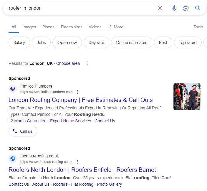 paid search results for roofer in london