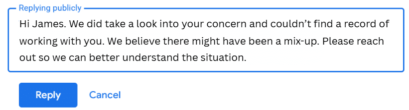 example reply to unfair google review