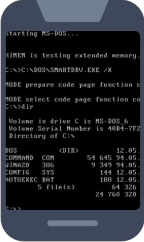 a mobile phone displays ms dos