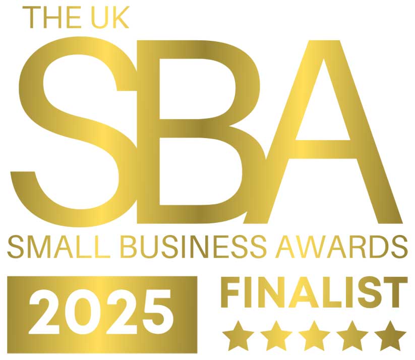 The UK SBA (small busienss awards) 2025 finalists logo in gold on white background.